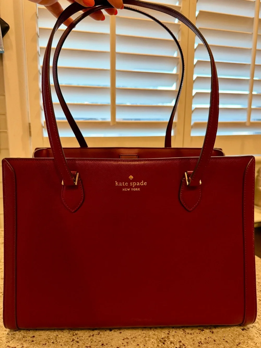 Kate Spade Madison Saffiano East-West Leather Laptop Tote in Burgundy